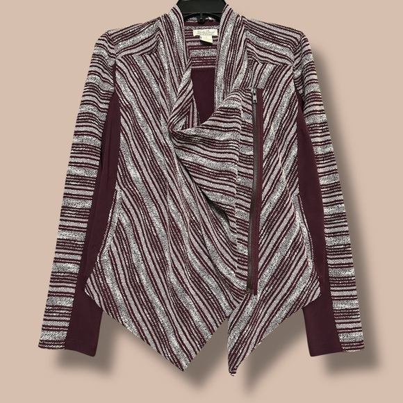 Lucky Brand Sweater Striped Open Front Moto Asymmetrical Zip Boho Cardigan Small - Picture 3 of 8